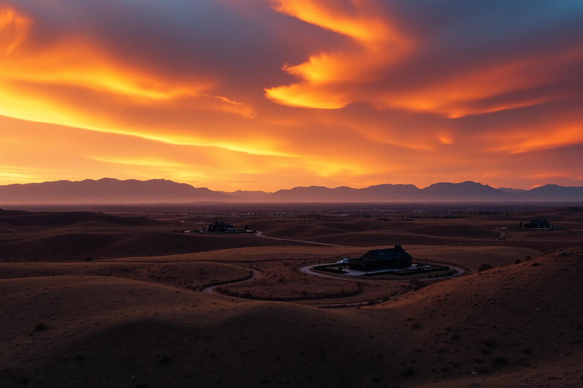 Frontier landscape at dusk with a modern residence on the horizon